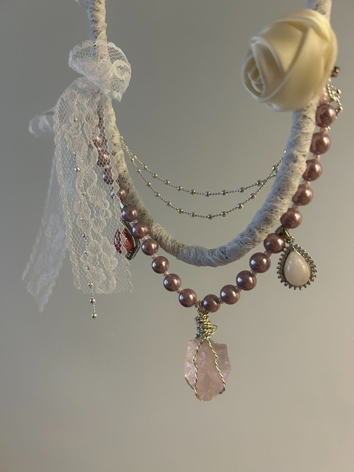Raw Crystal Pendant Lace Collar Necklace