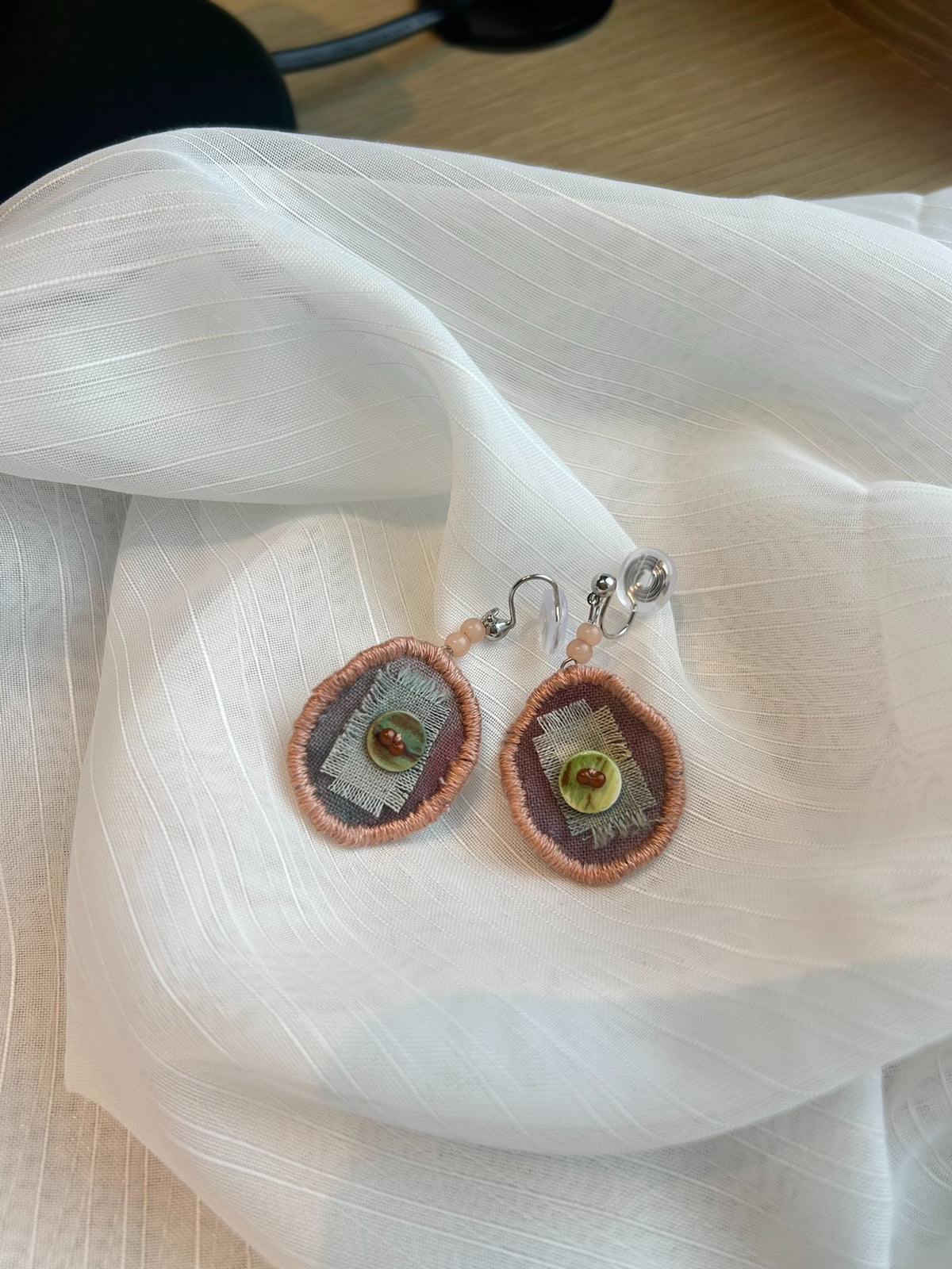 Handmade Fabric Earrings with Copper Stitching