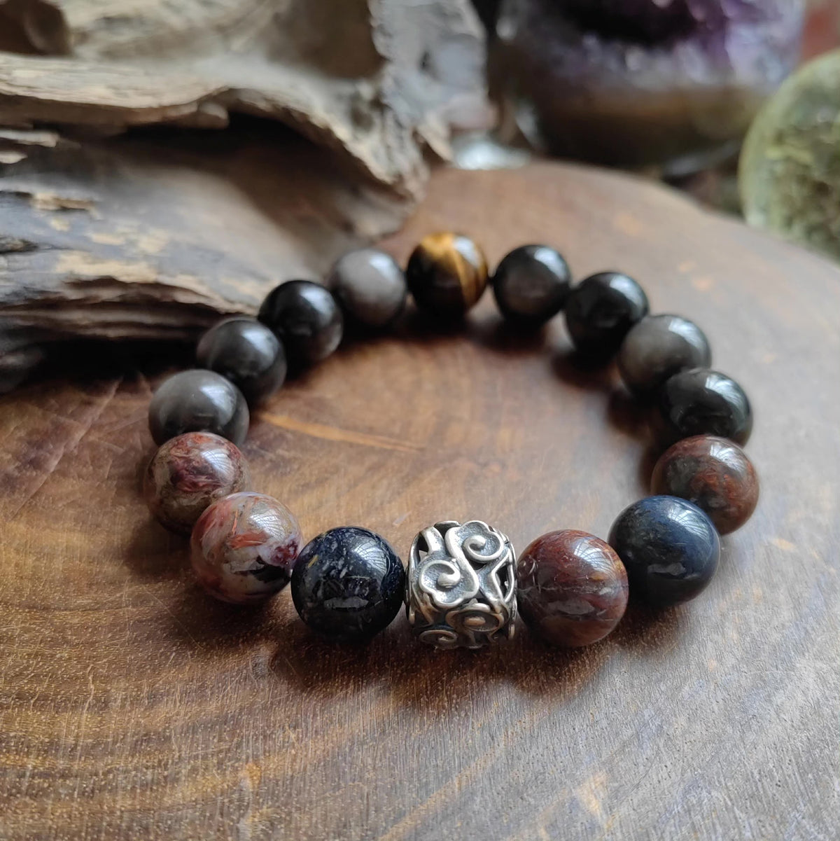 Bracelet de perles piérite obsidienne œil de tigre