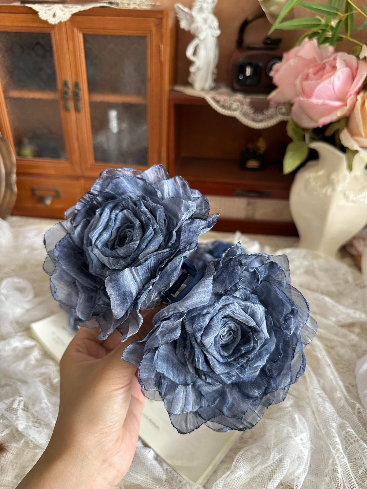 Indigo Fabric Rose Hair Claw Clip