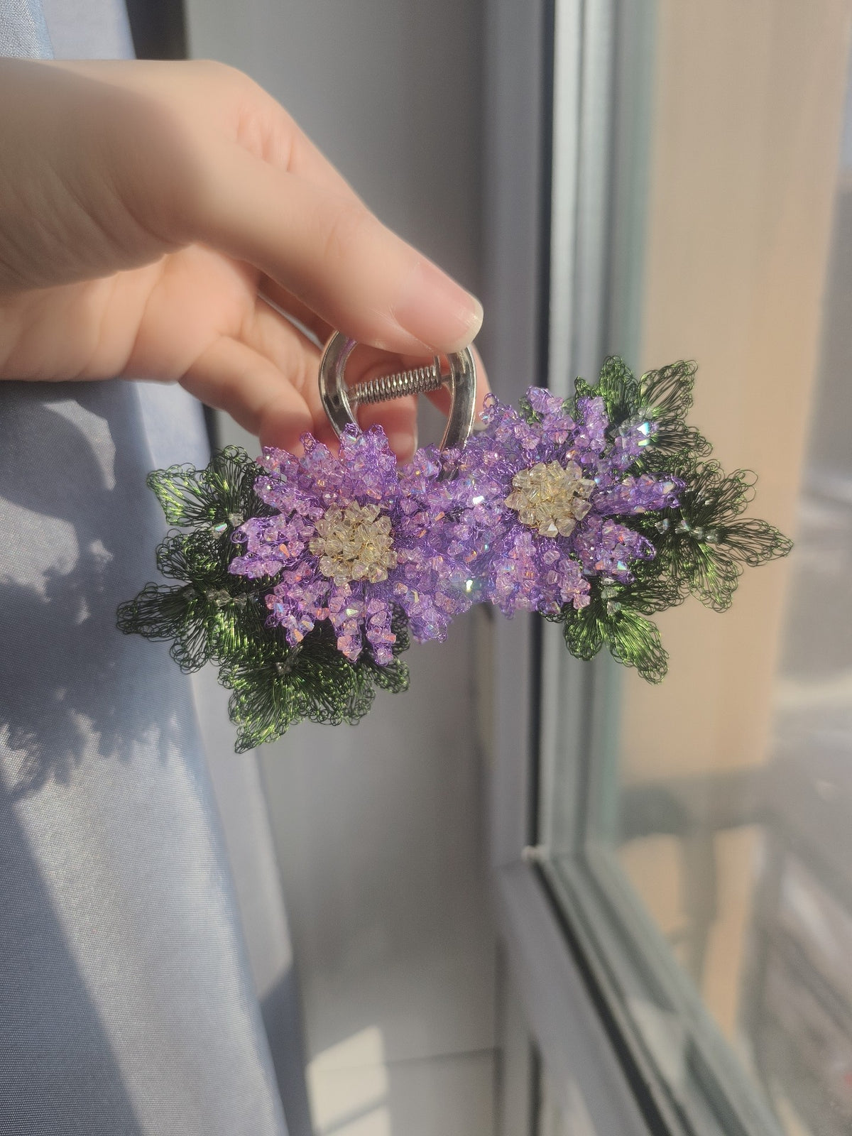 Purple Beaded Daisy Flower Claw Clip