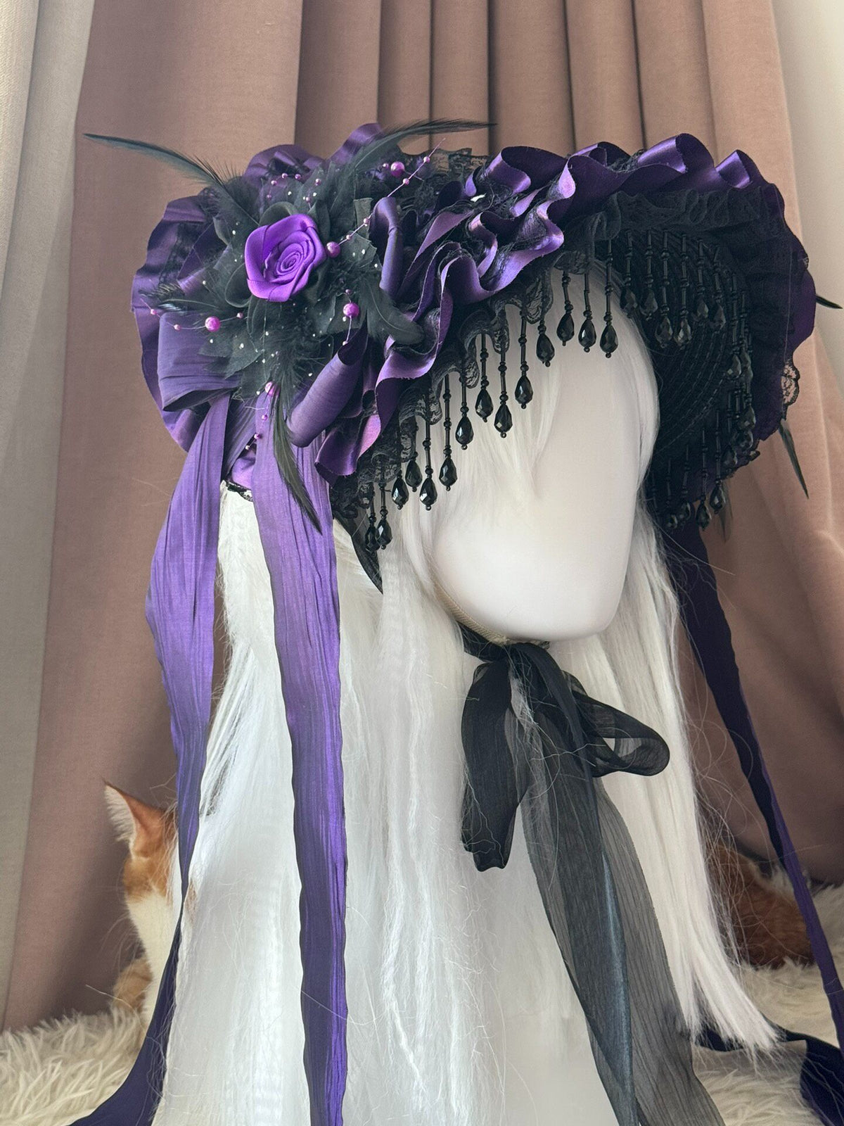 Purple Gothic Lolita Bonnet with Black Beads