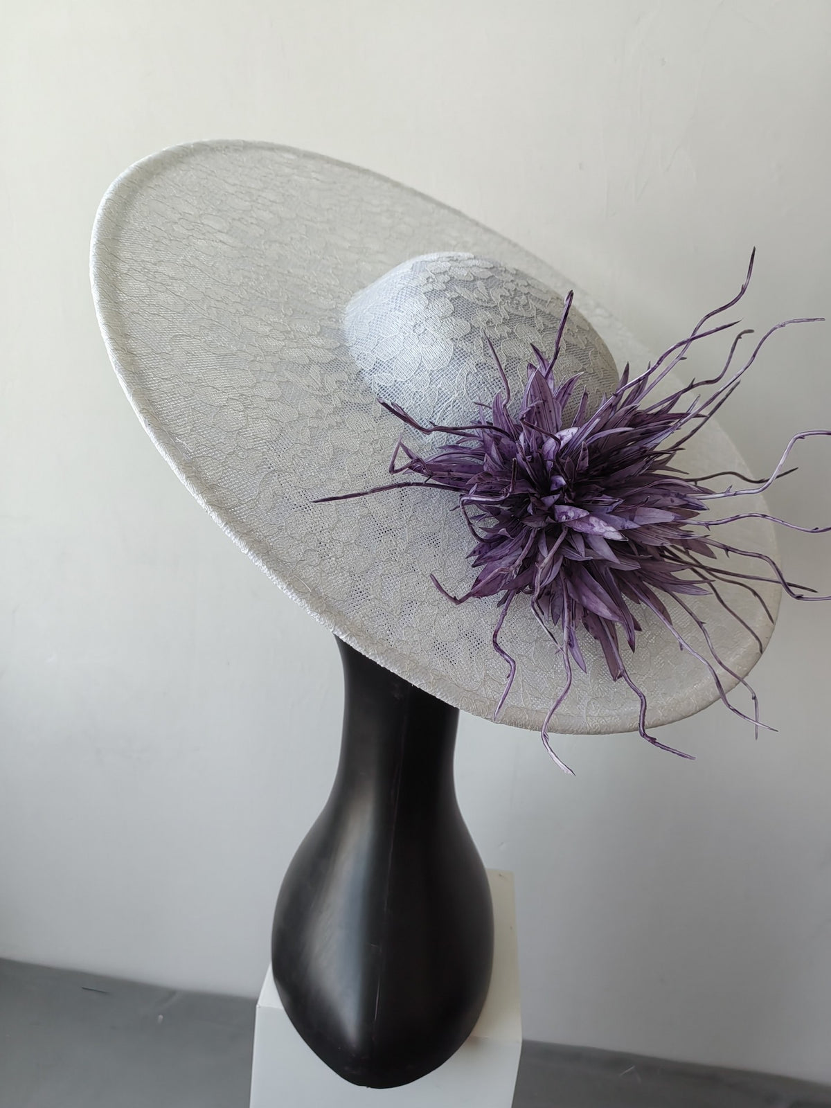 White Lace Bridal Hat with Purple Flowers