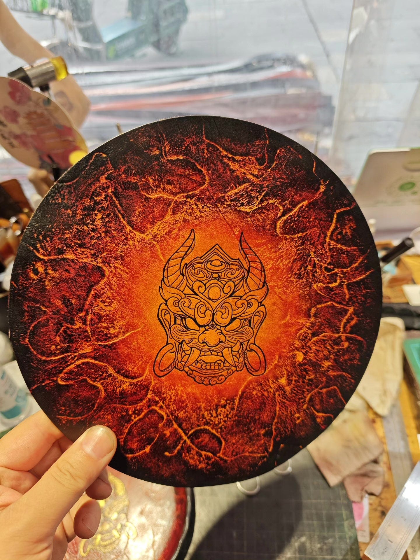 18cm Circular Leather Tray with Hand-Painted Mythical Mask and Flame Pattern
