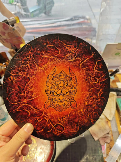 18cm Circular Leather Tray with Hand-Painted Mythical Mask and Flame Pattern