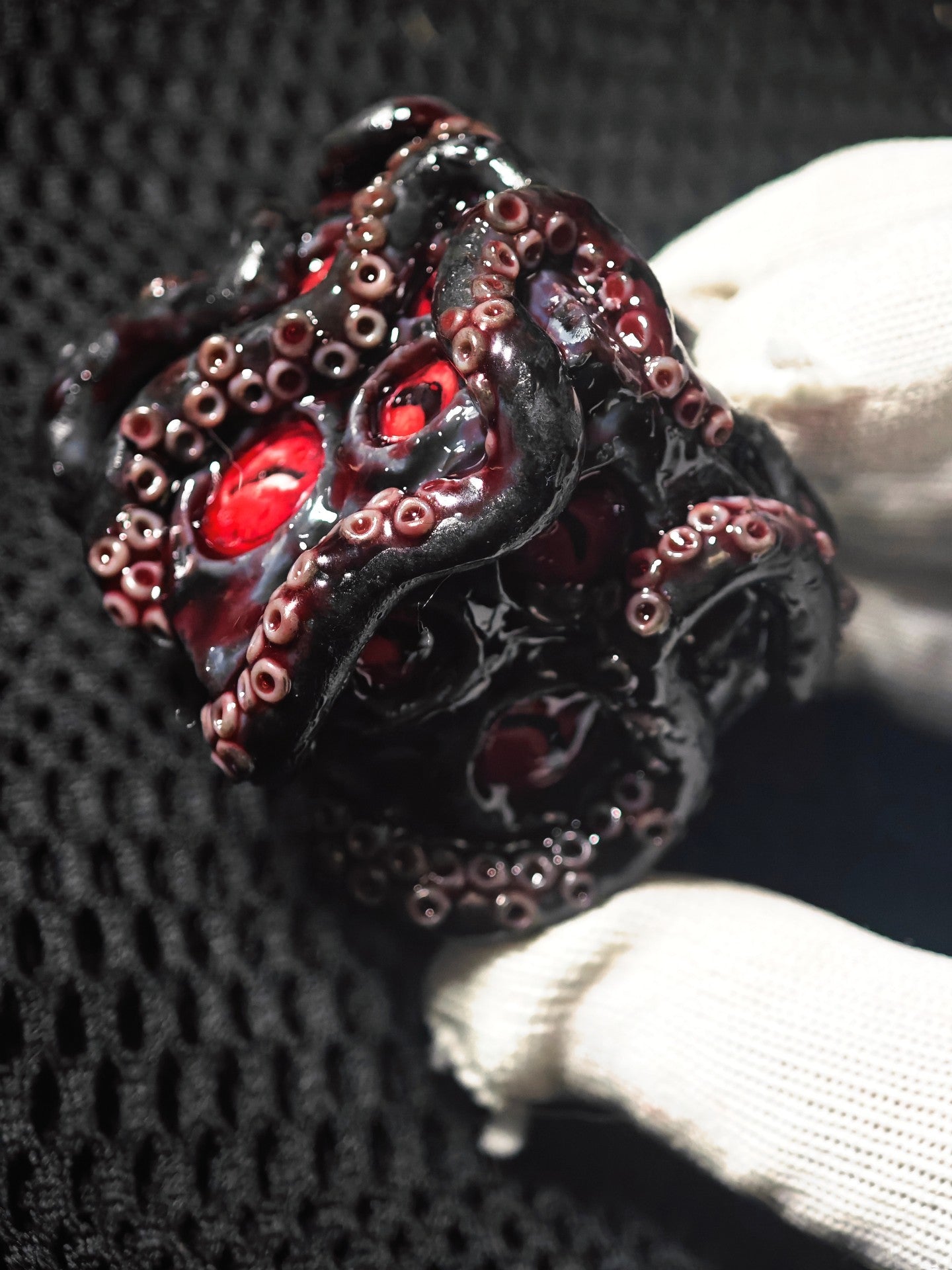 Cthulhu Abyss Dice - Glossy Black with Red Inlays and Tentacle Details