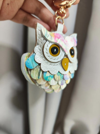 White Leather Owl Keychain with Multicolored Wings and Tail