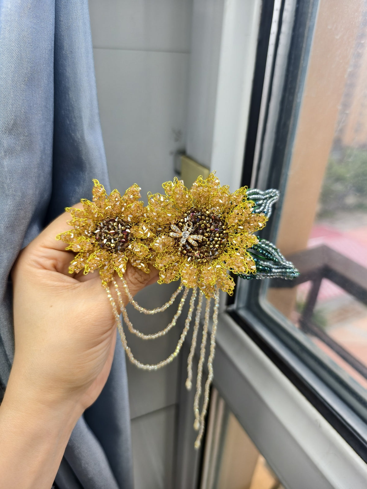 Sunflower Beaded Parallel Barrette Hair Clip