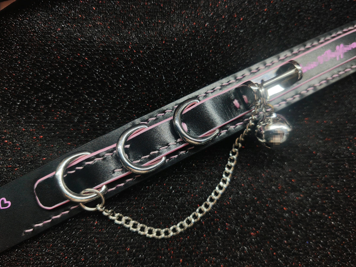 Ensemble collier et laisse en cuir de vache noir et rose
