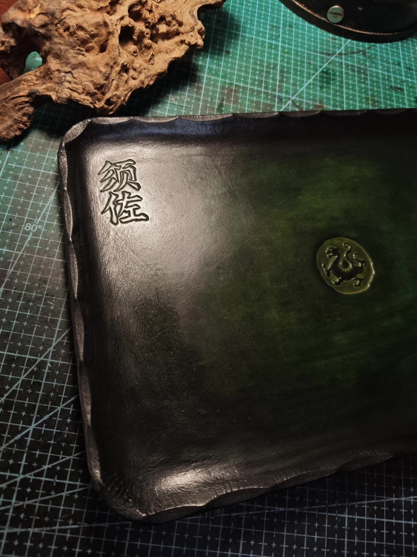Emerald Green Leather Tray with Embossed Vajra Design