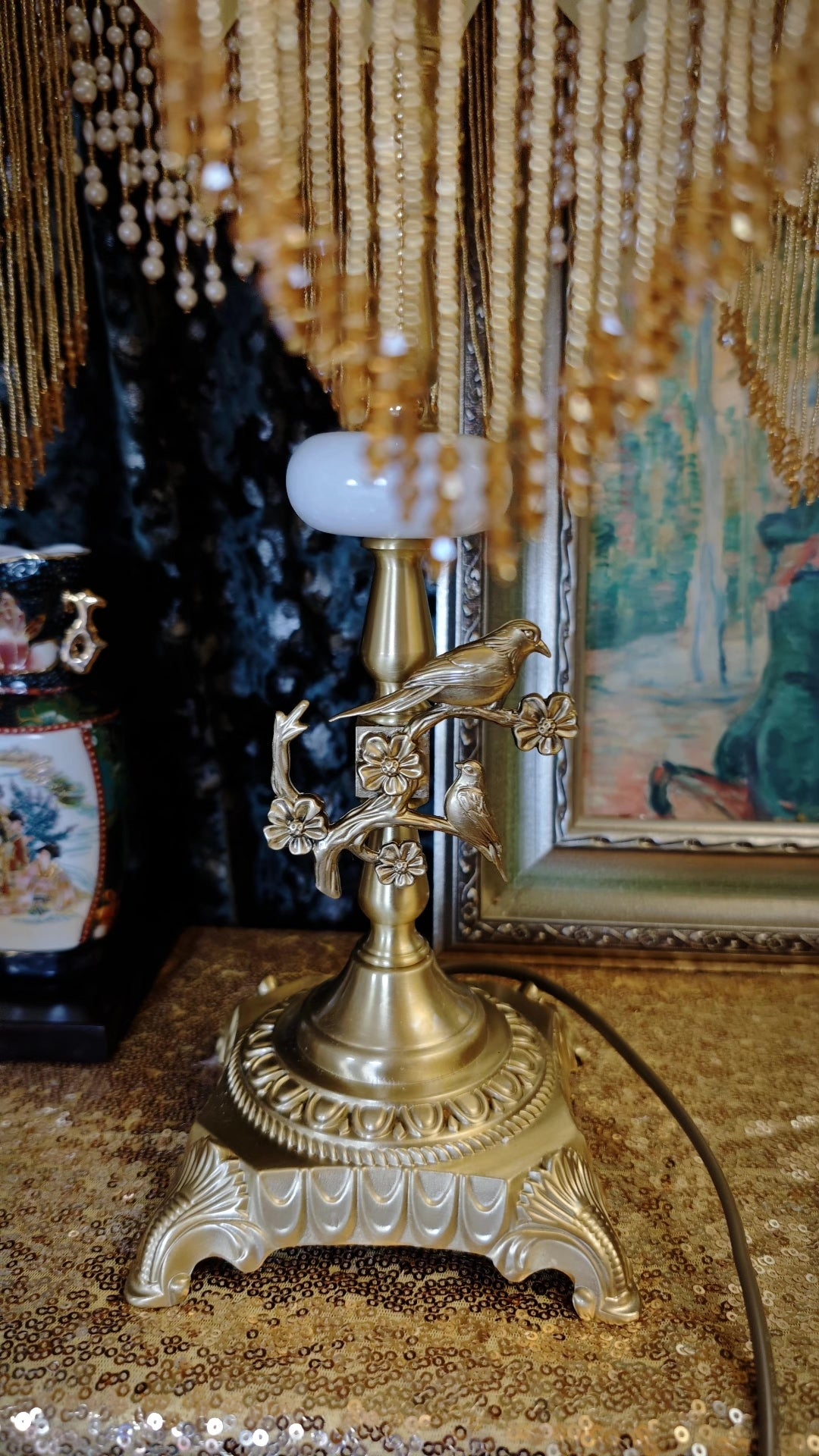 French Rococo Brass Table Lamp with Horse Shade