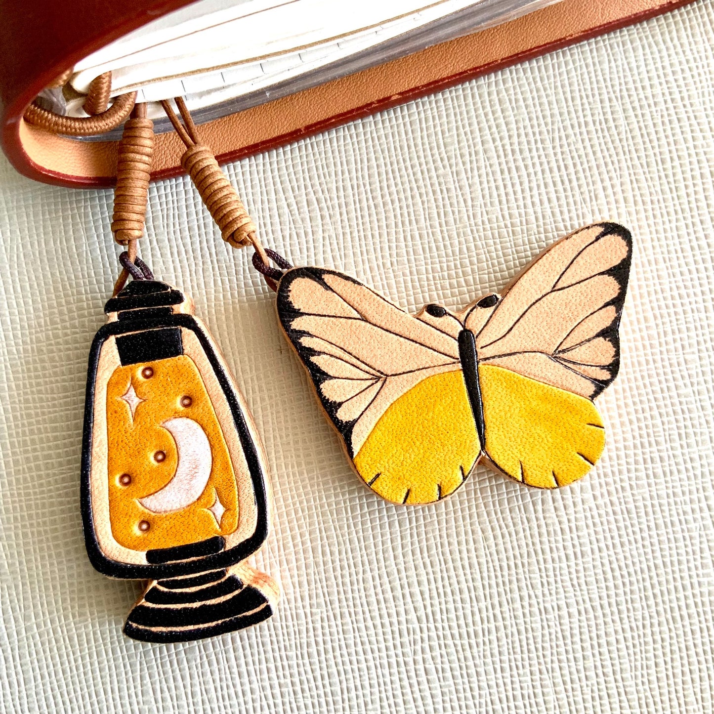 Italian Vegetable-Tanned Leather Butterfly, Lantern, and Moon Star Charms Set