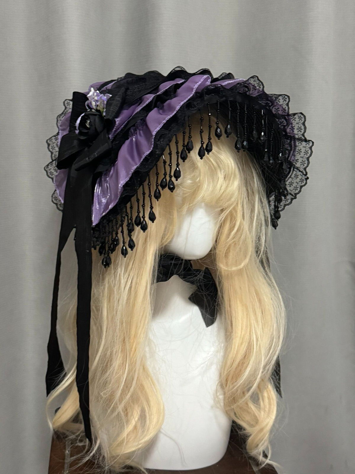 Black Purple Lolita Gothic Lace Bonnet Hat