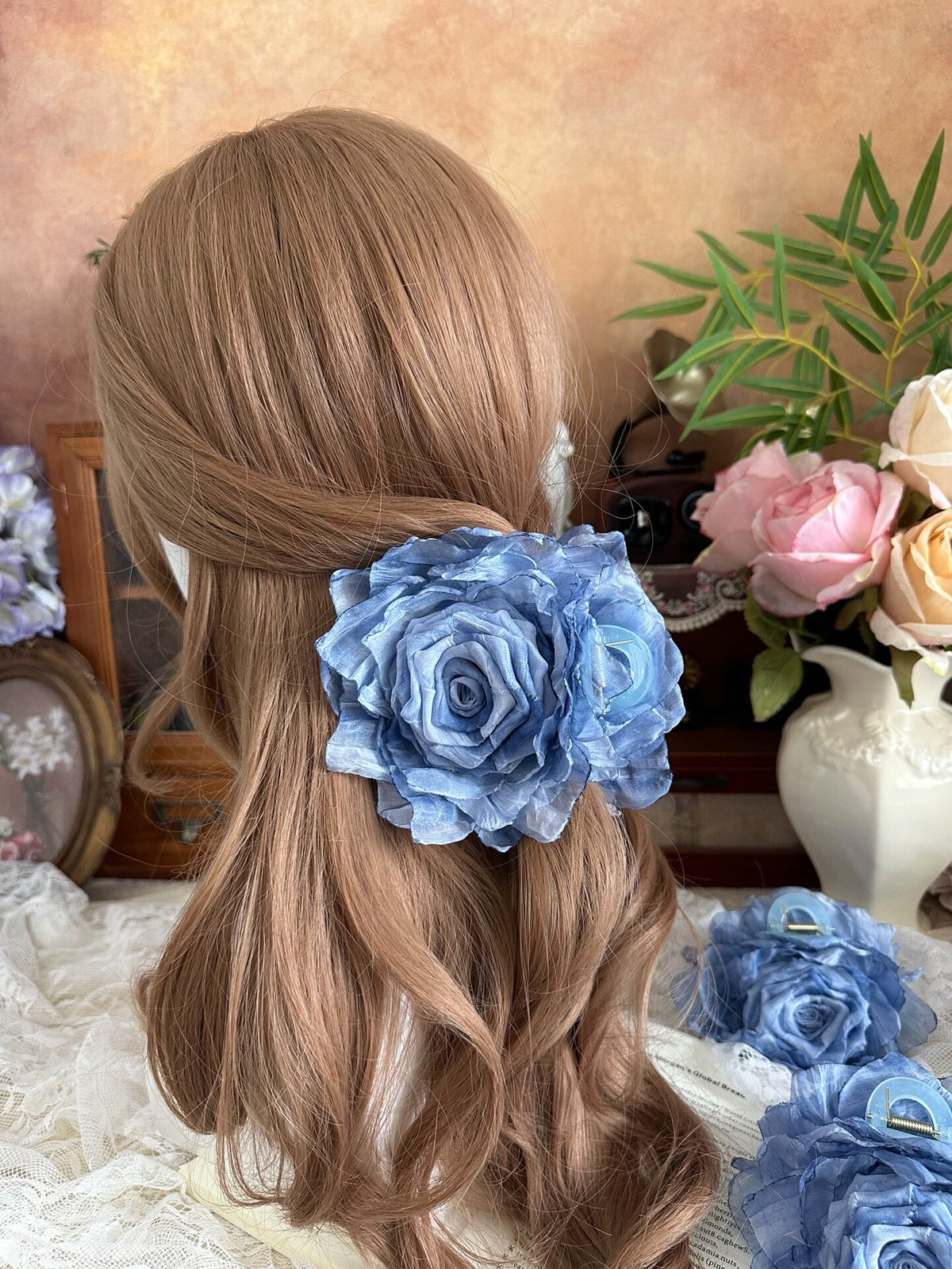 Handcrafted Monet Blue Fabric Rose Hair Claw