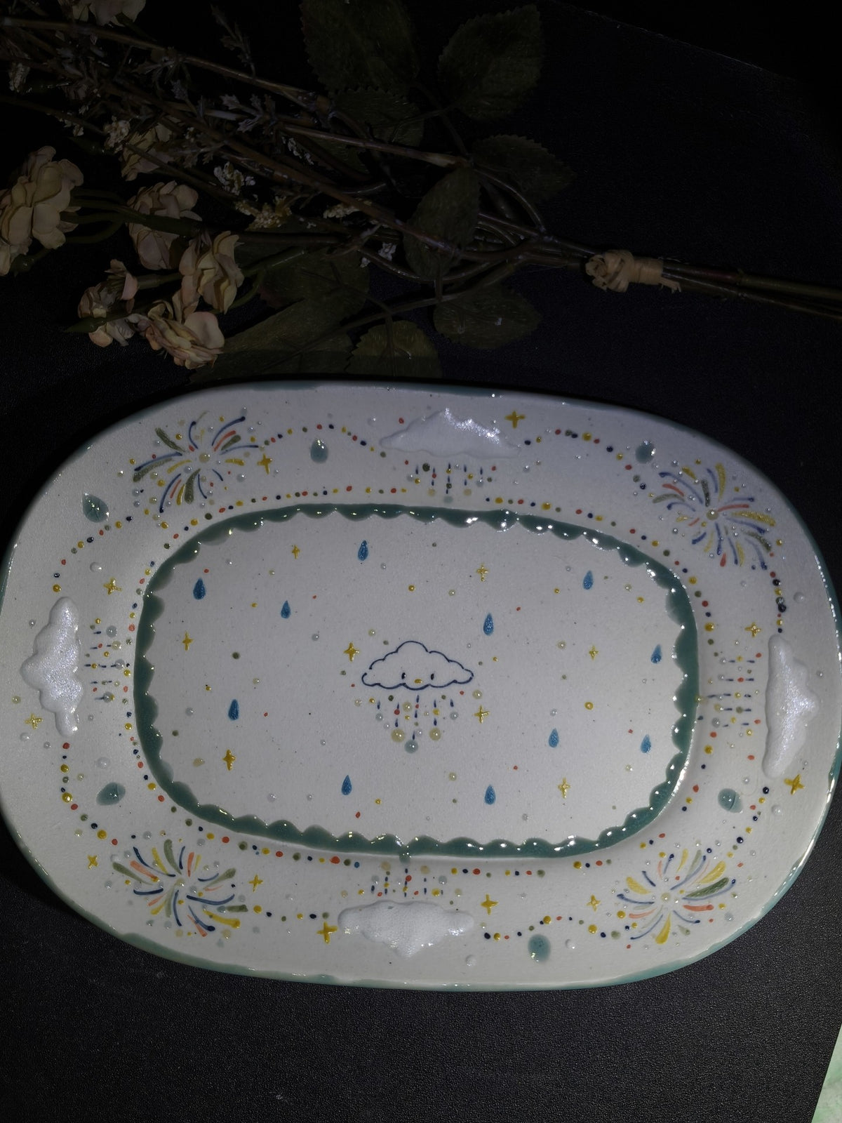 Handpainted Underglaze Cloud Fireworks Oval Ceramic Plate