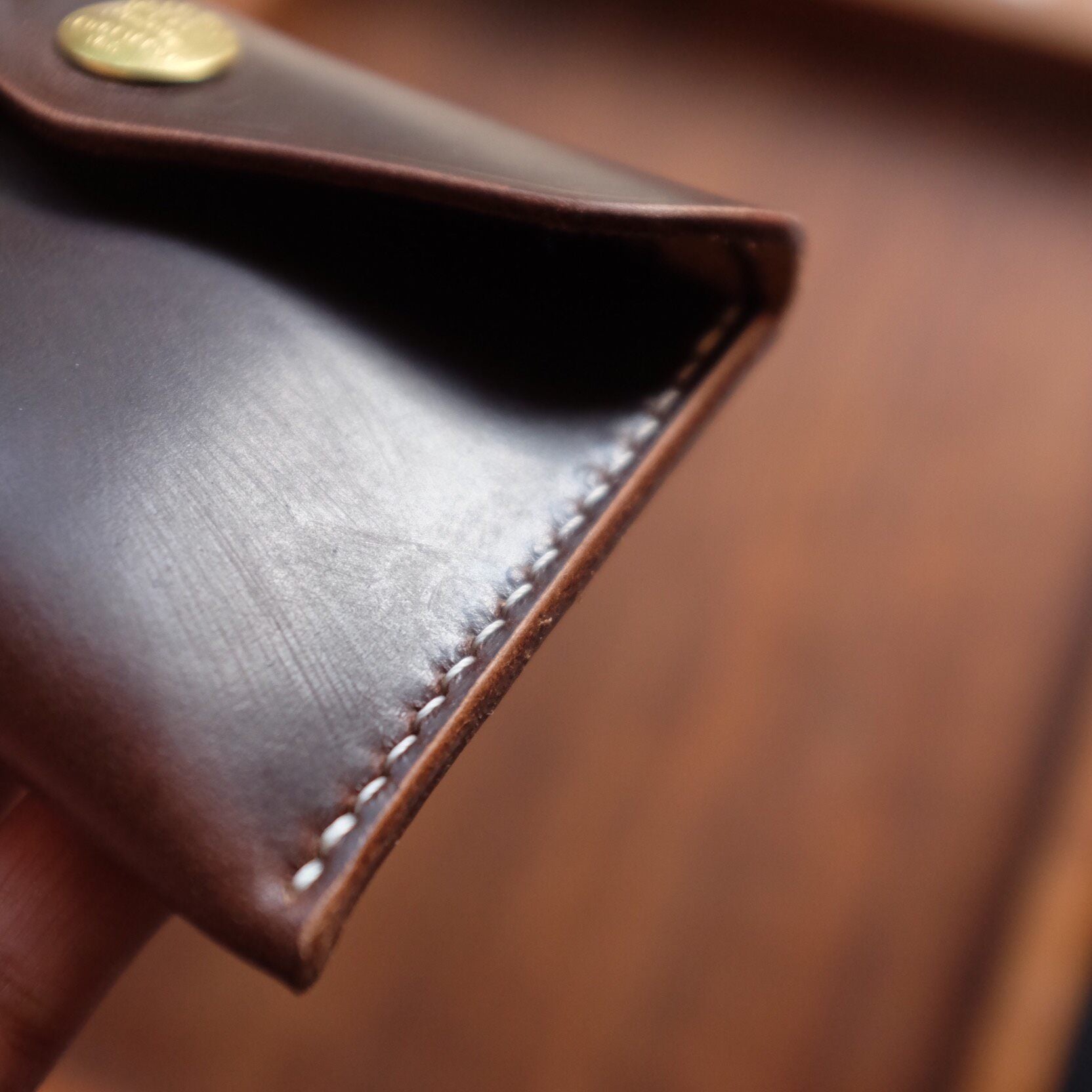 Brown Full-Grain Leather Flap Snap Card Case