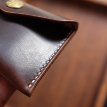 Brown Full-Grain Leather Flap Snap Card Case
