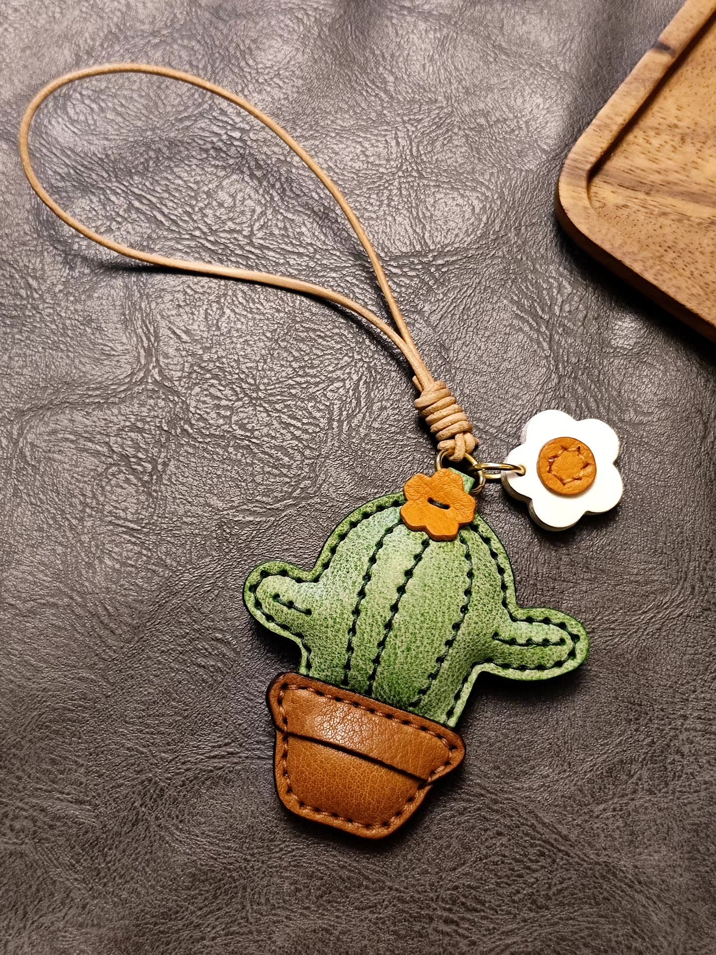 Handcrafted Cactus Leather Keychain with Flower Charms