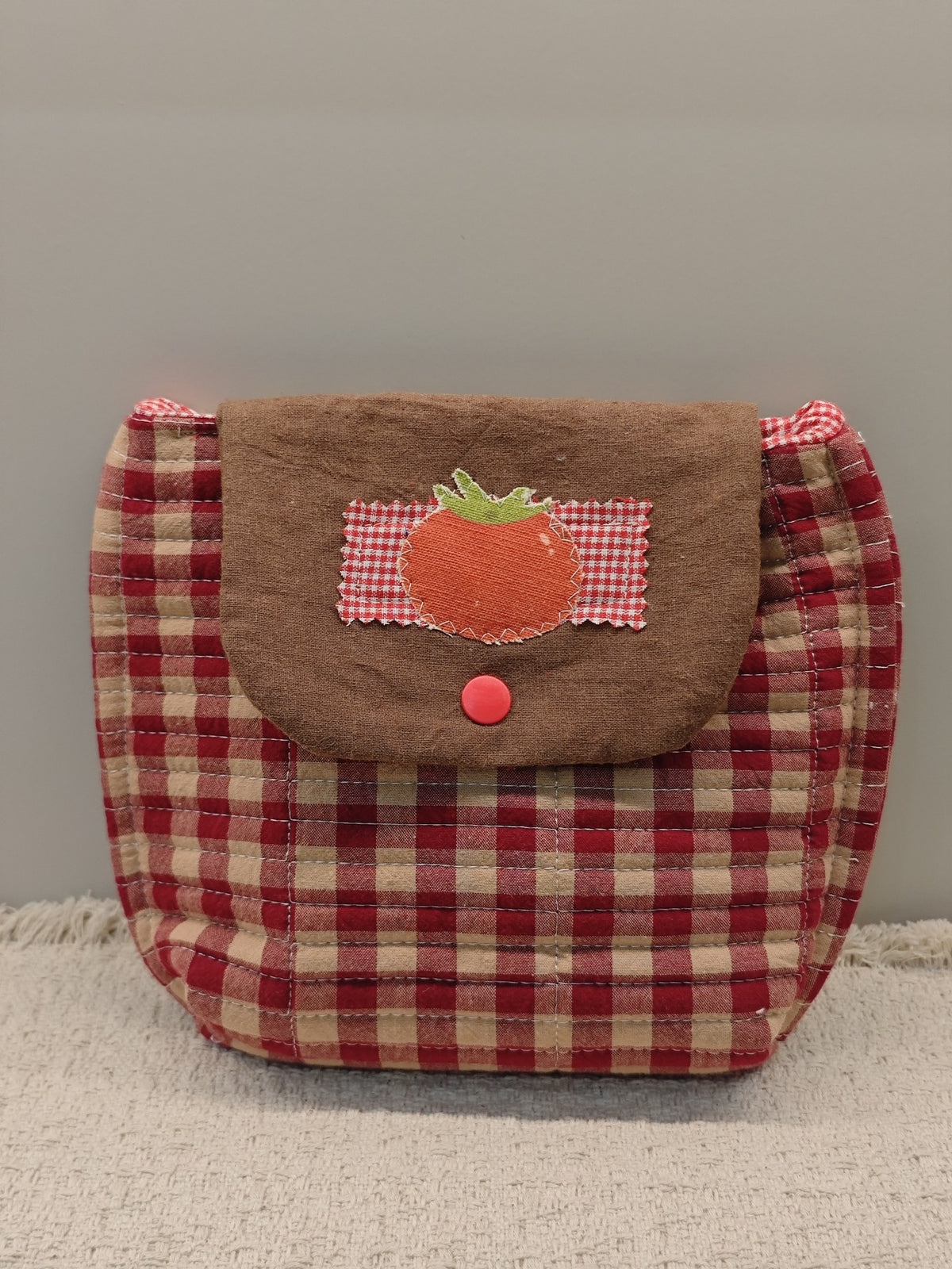 Quilted Gingham Storage Pouch with Tomato Applique