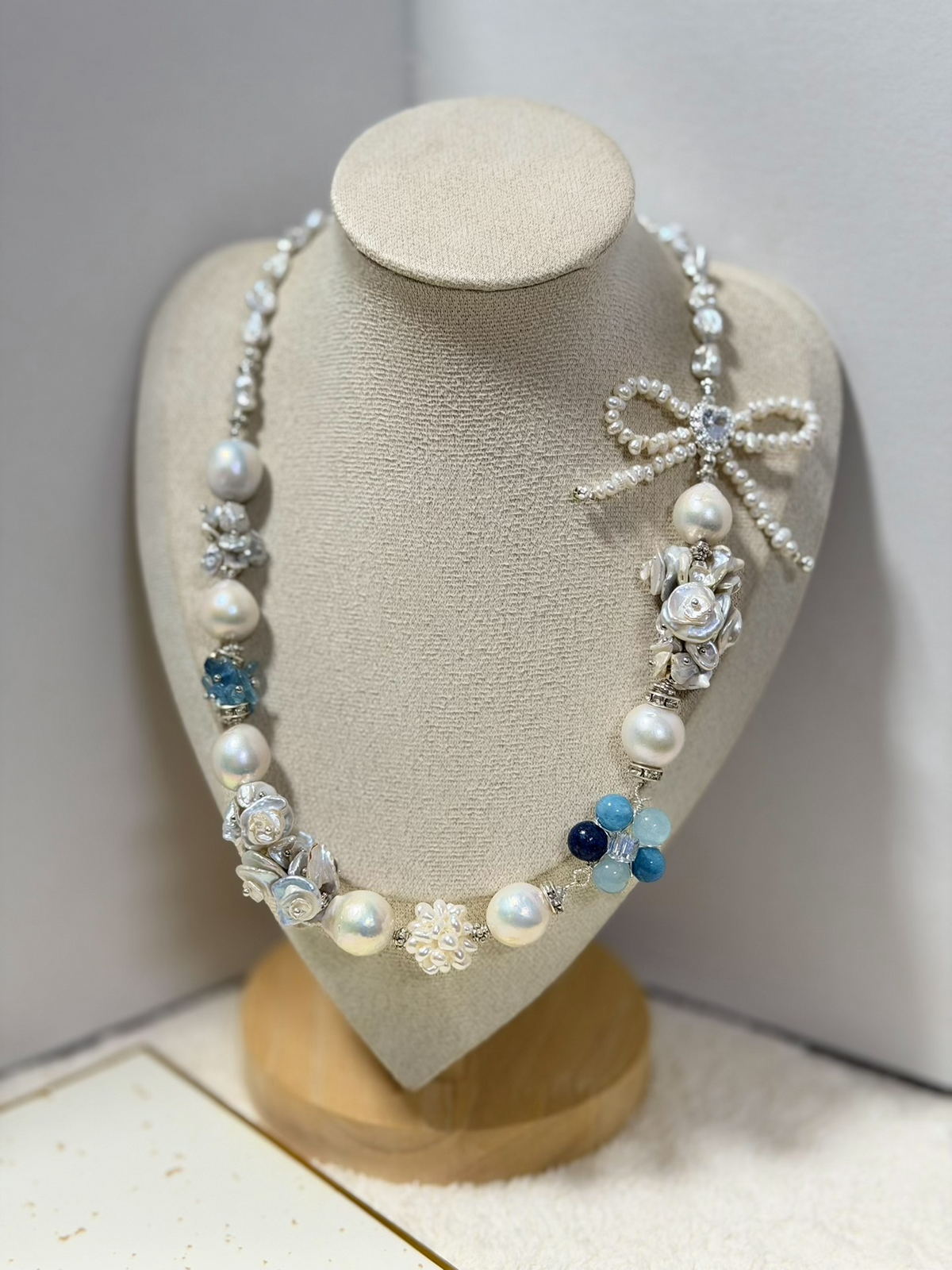 Baroque Pearl Floral Necklace with Blue Stones