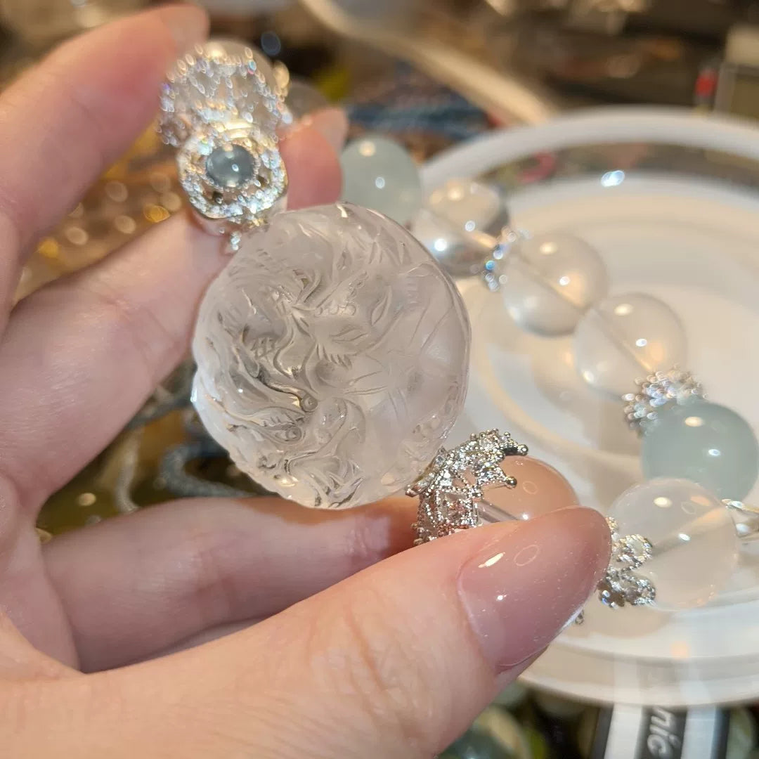 Pulsera de Cristal Blanco Tallado y Aguamarina