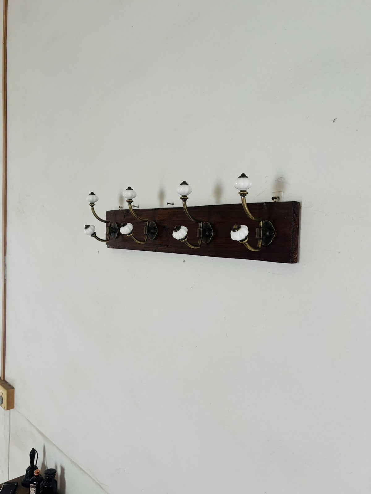 Vintage Wooden Wall Coat Rack with Porcelain Knobs