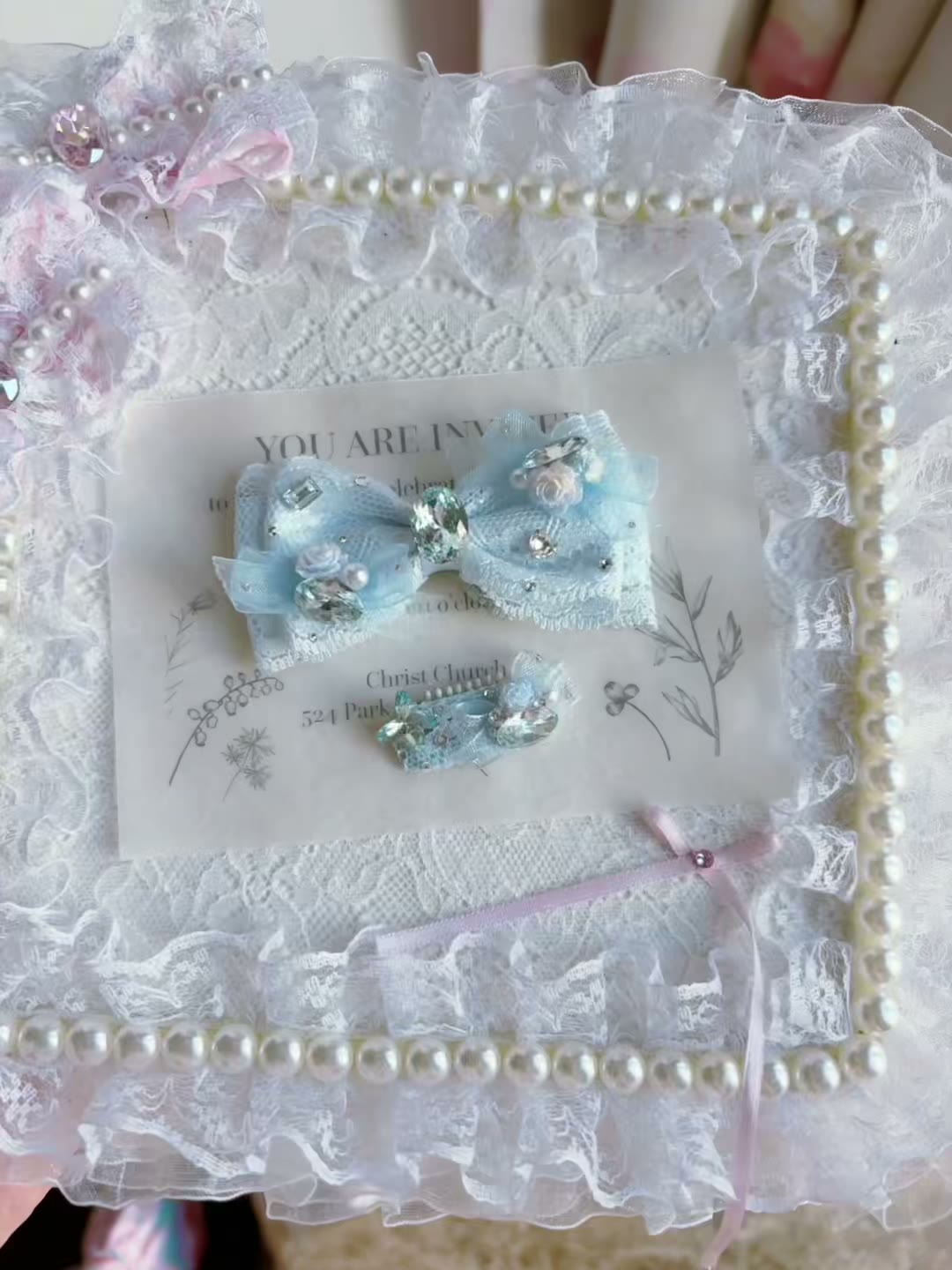 Blue Lace Crystal Bow Hair Clip