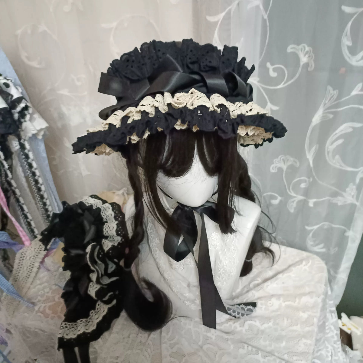 Black Lace Two in One Headband Bonnet
