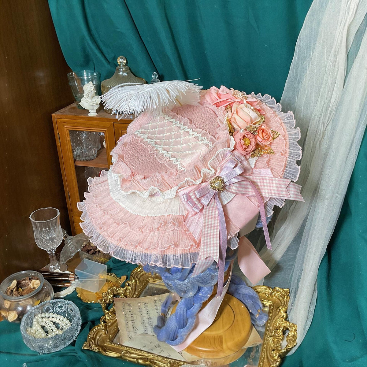 Lolita Straw Flat Hat Pink Ruffled