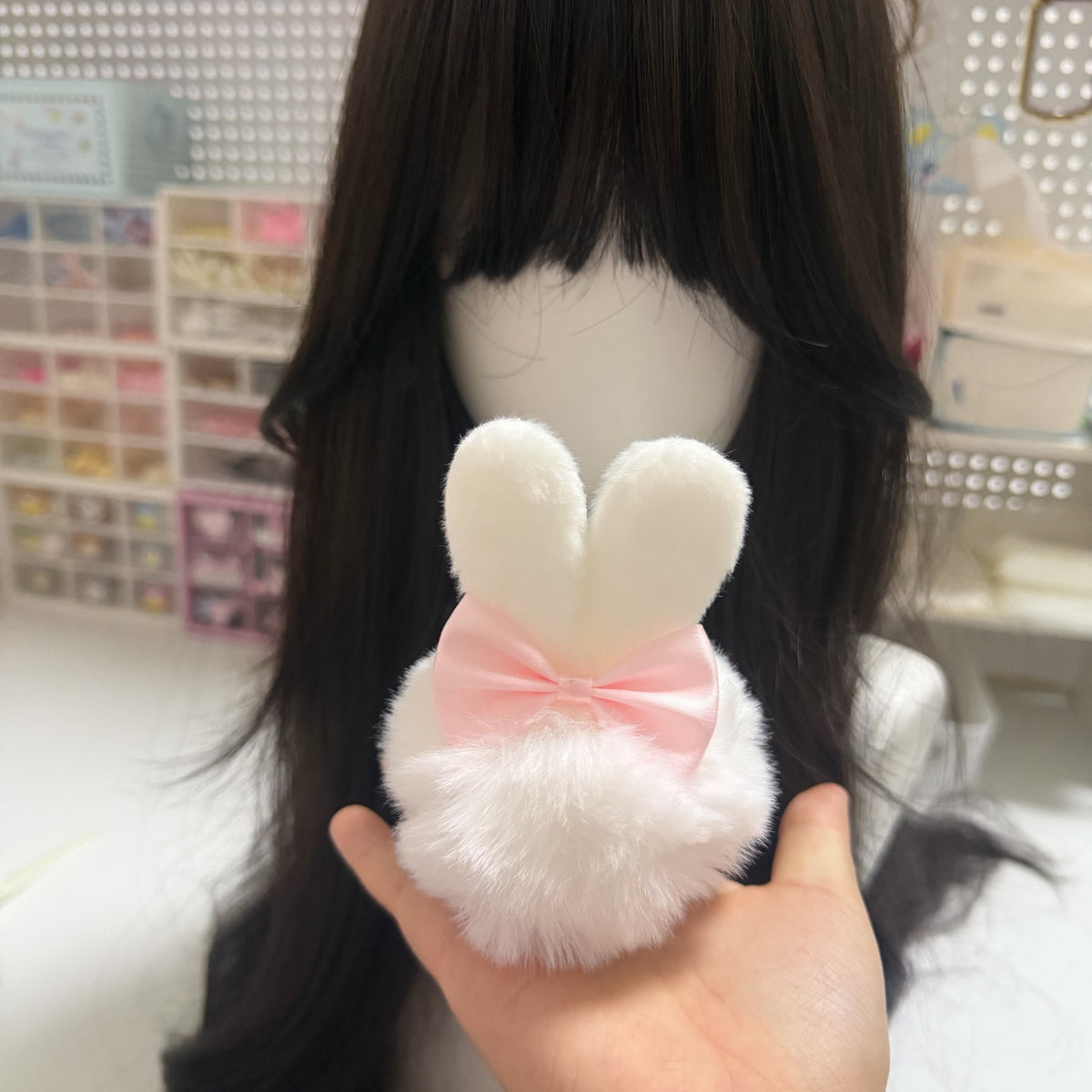 White Rabbit Plush Hair Clip with Pink Bow