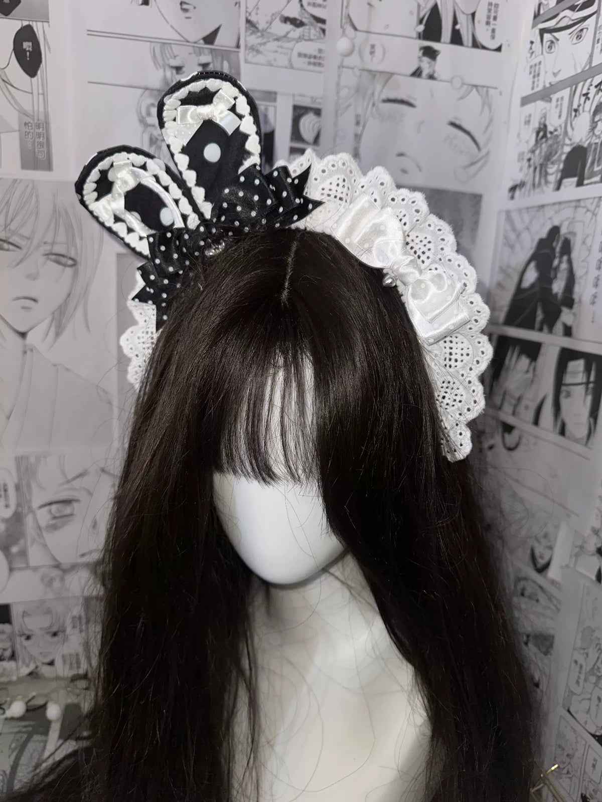 Tiara de Orelhas de Coelho em Bolinhas Preto e Branco