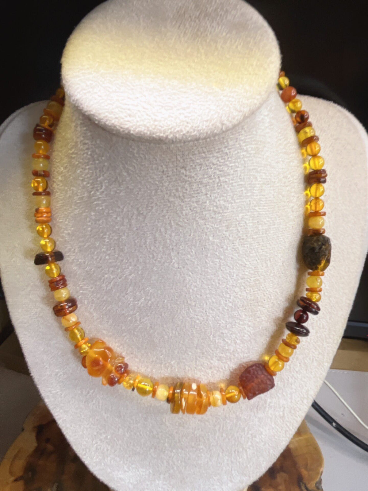 Natural Amber Beeswax Bear Charm Mixed Bead Necklace