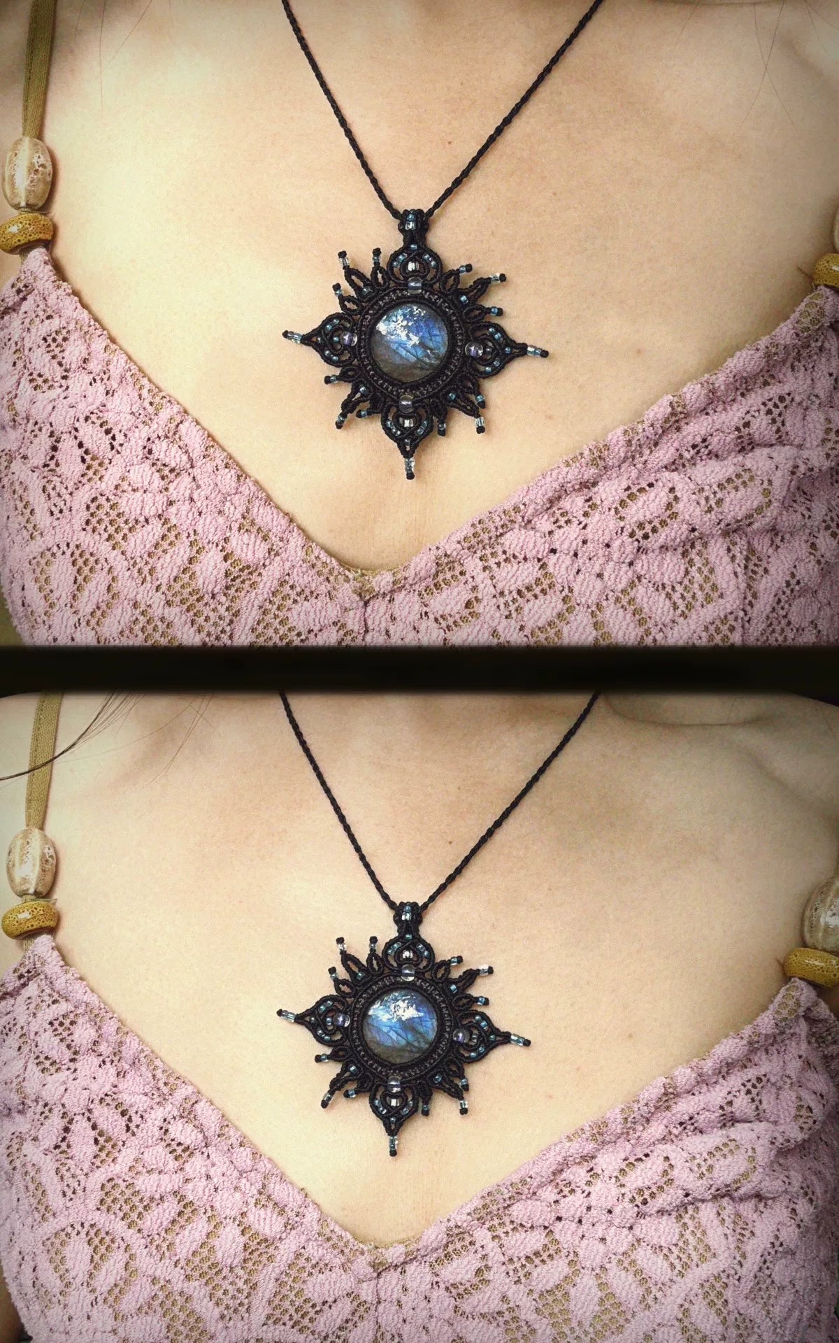 Labradorite makramé-halsband med svart snöre