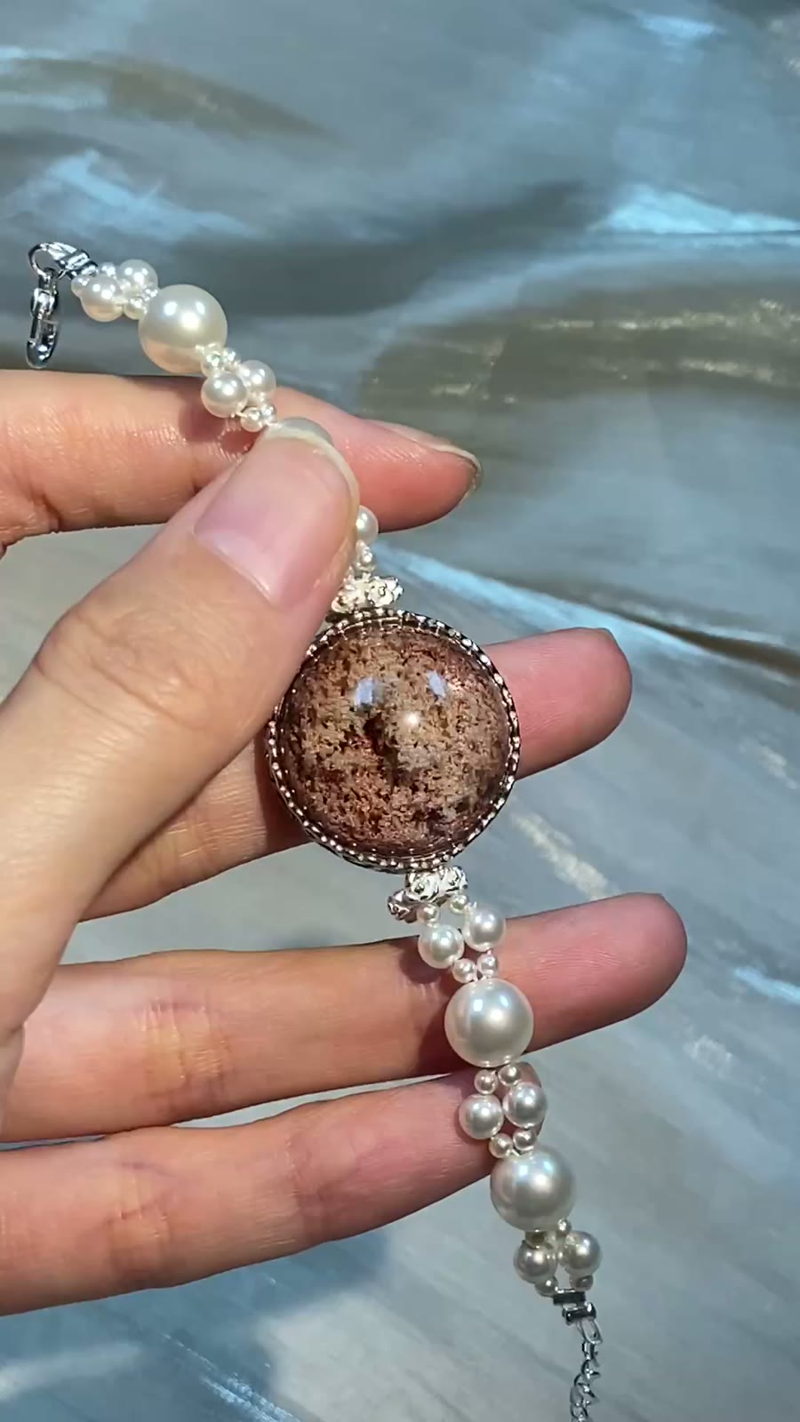 Pink Phantom Quartz Bracelet with Swarovski Pearls