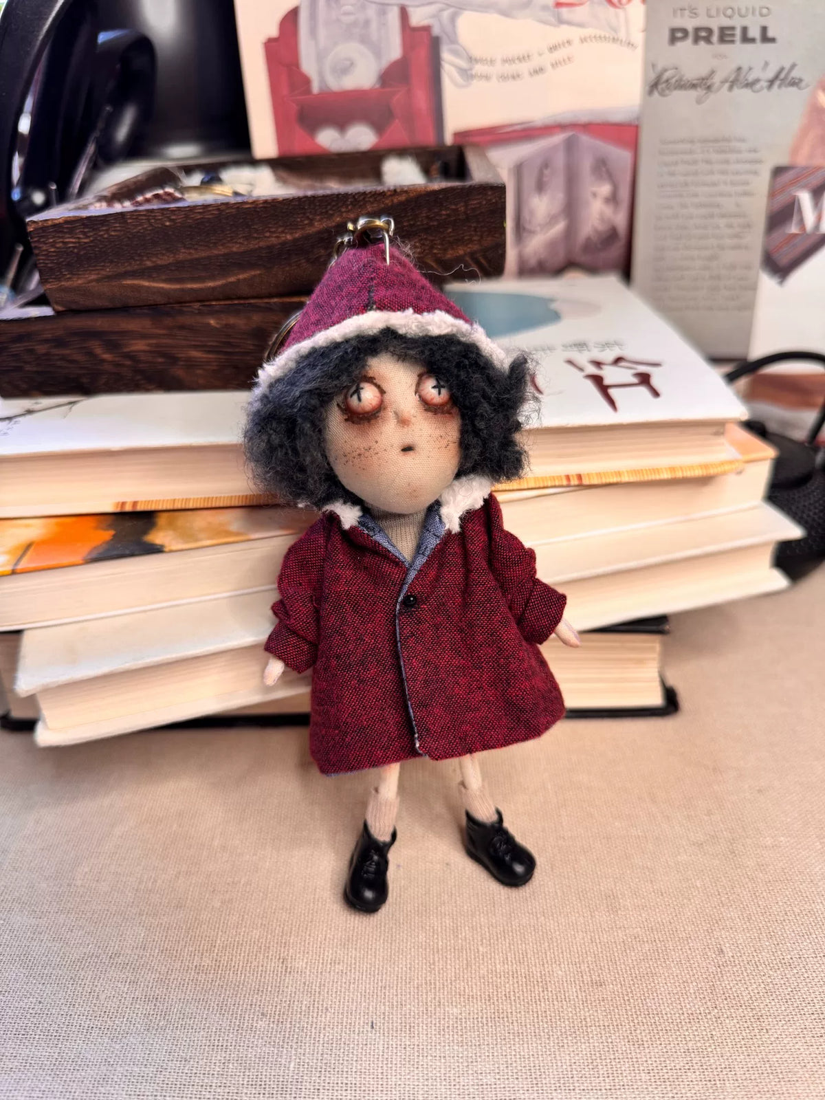 Handmade Fabric Doll Keychain with Burgundy Coat