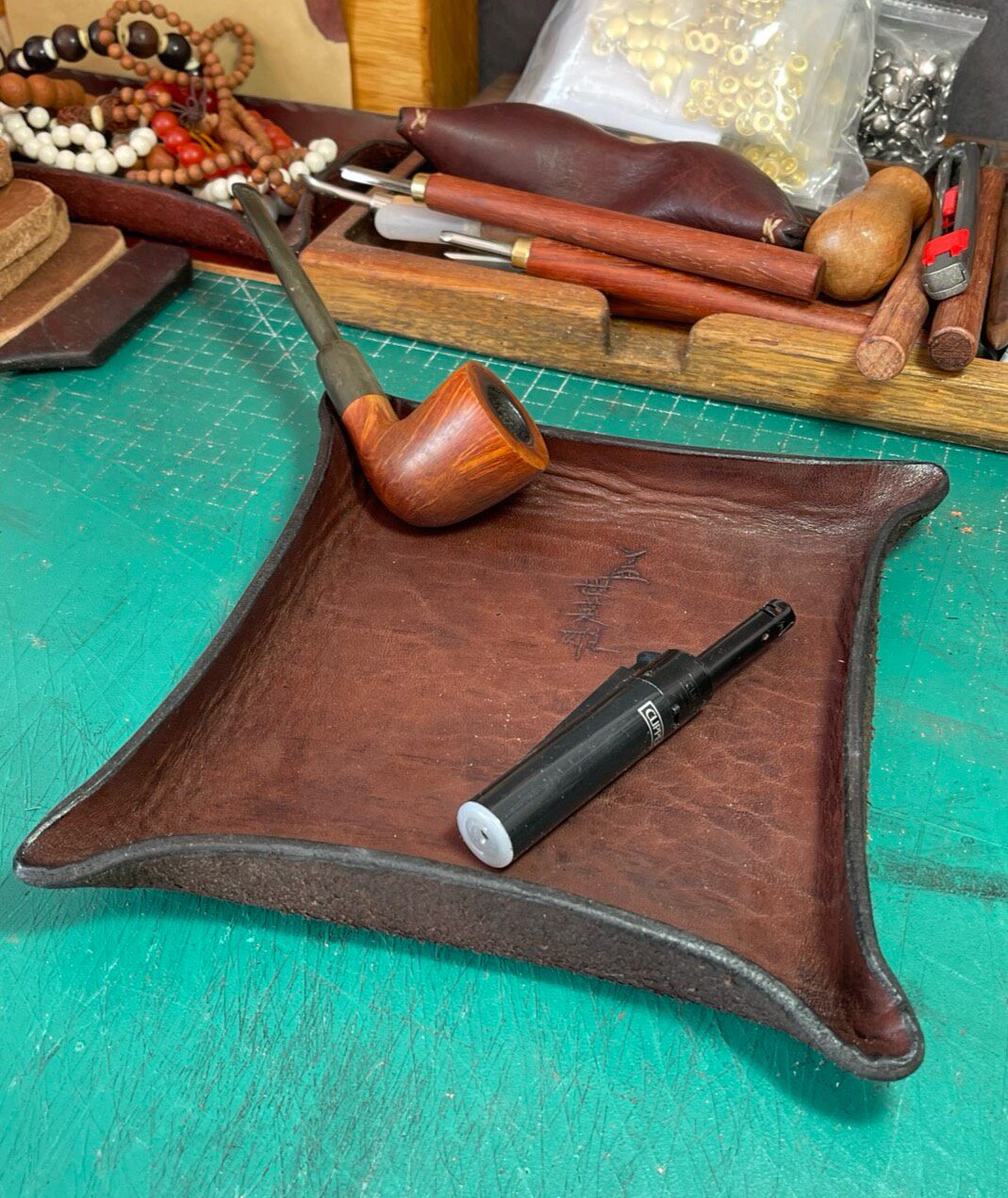 Hand-Carved Leather Tray with Upturned Corners