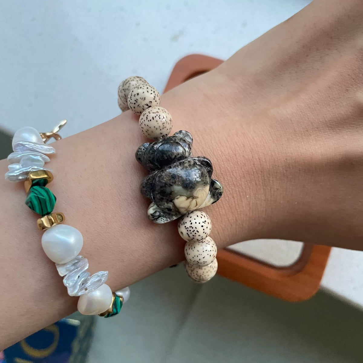 Natural Bodhi Seed Bear Charm Bracelet