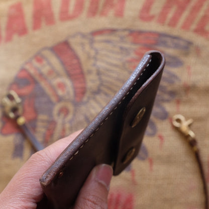 Top-Grain Leather Wallet with Brass Snap Closure and Wristlet Strap