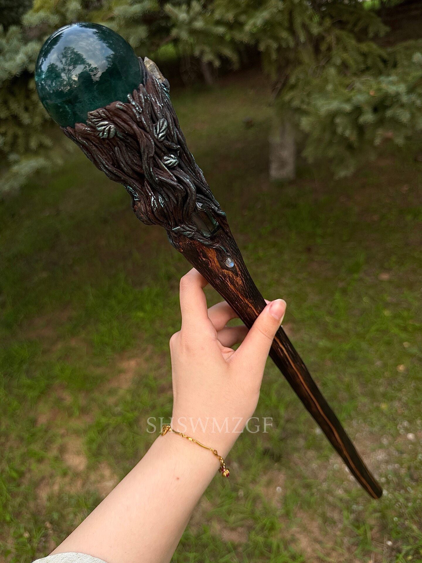 Blue-Green Fluorite Sphere Scepter with Wood Handle, 65cm