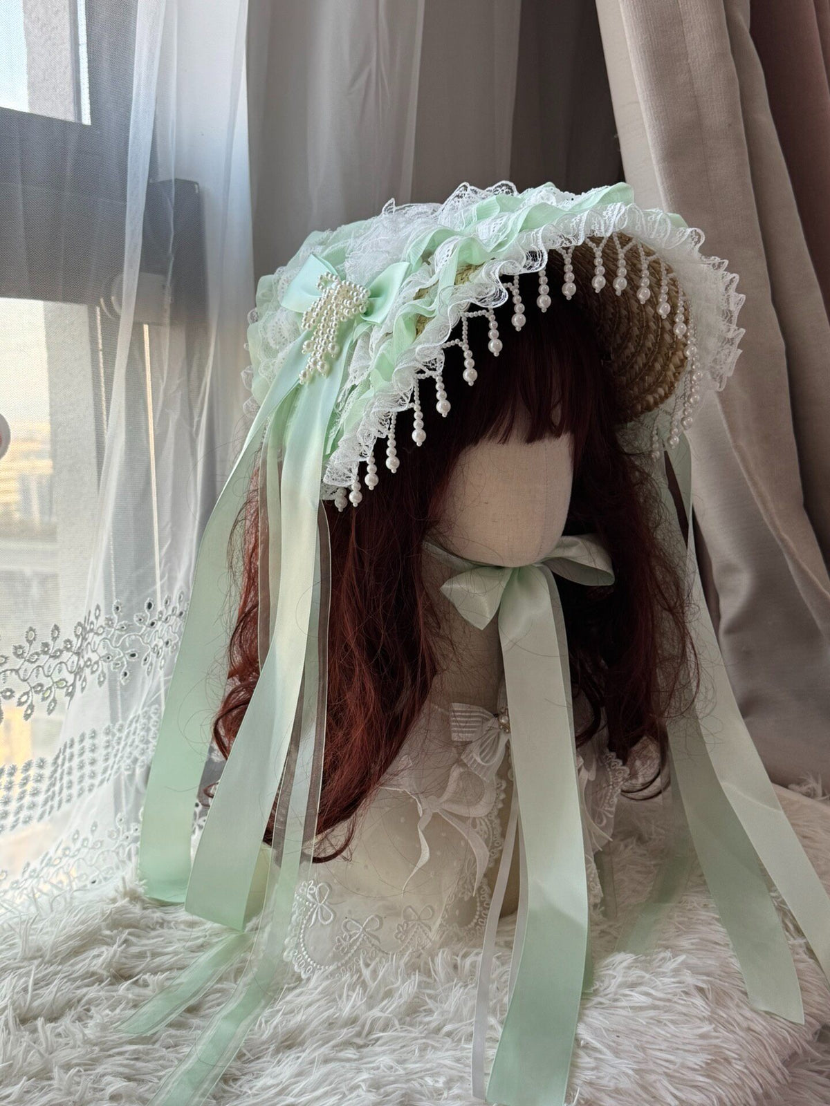 Lolita Green Straw Bonnet with Pearl Trim