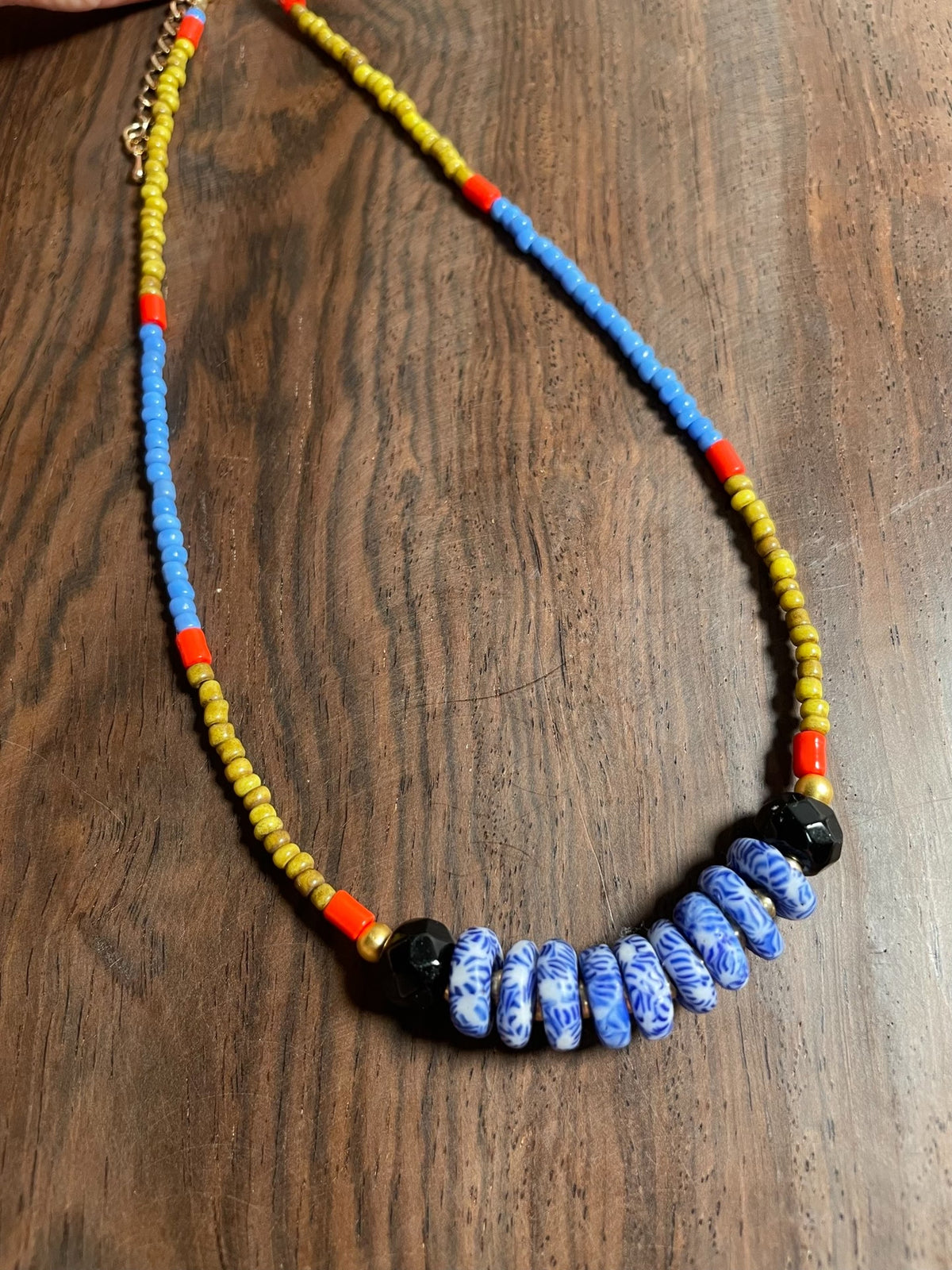 Multicolor Glass Bead Necklace with Black Agate
