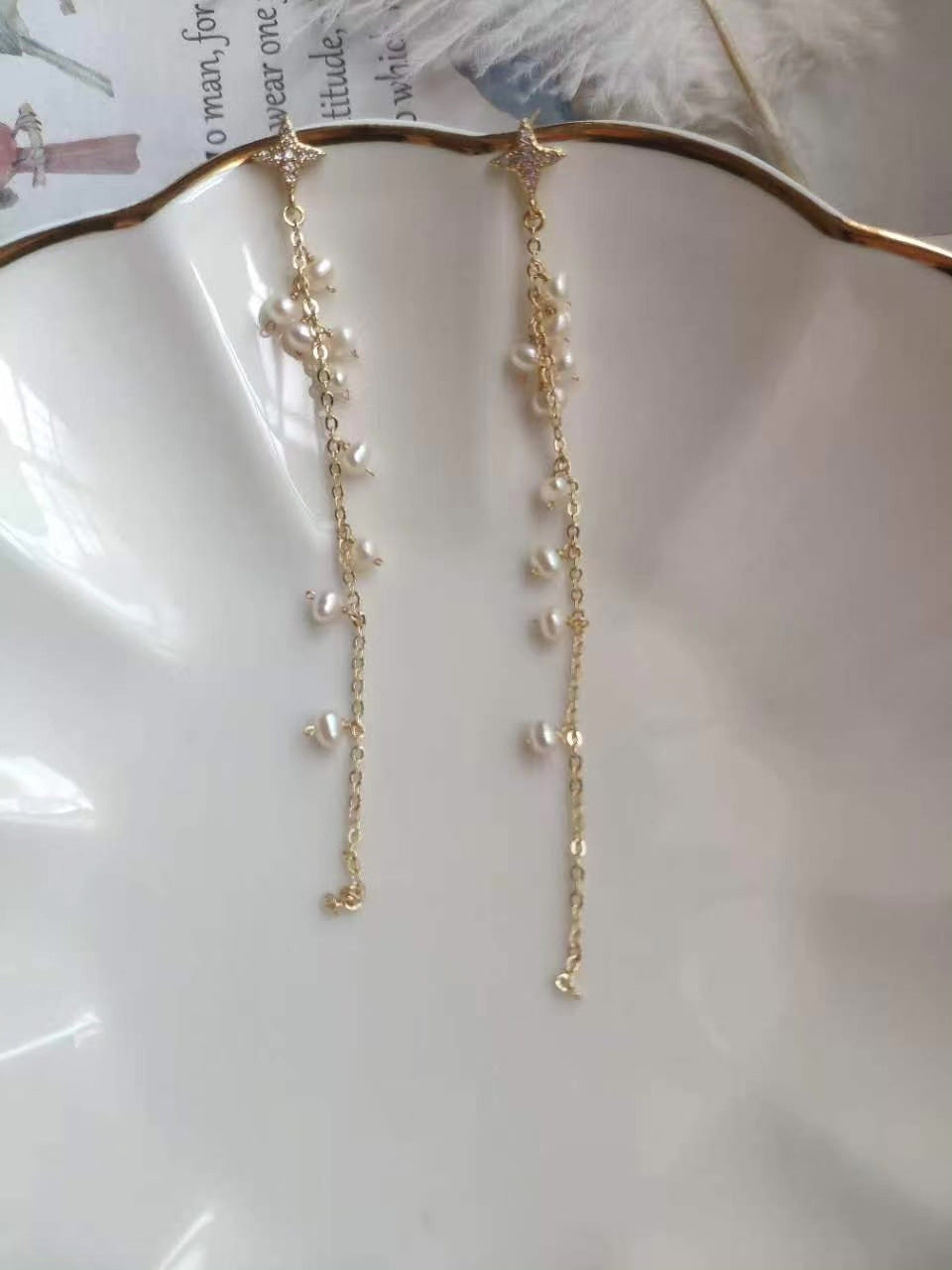 Natuurlijke Zowaterparel Tassel Drop Oorbellen