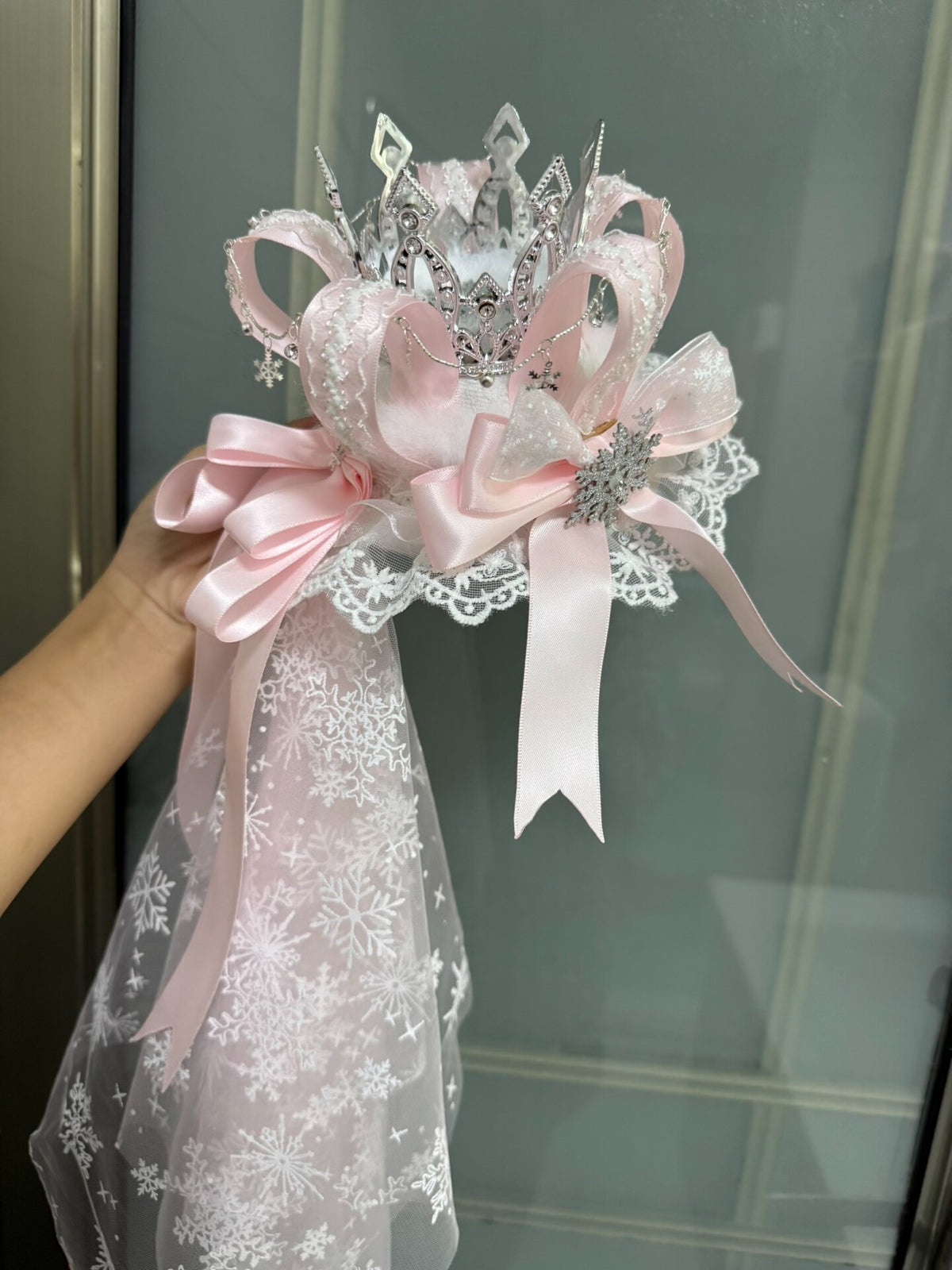 Pink Crown Fascinator with Snowflake Veil