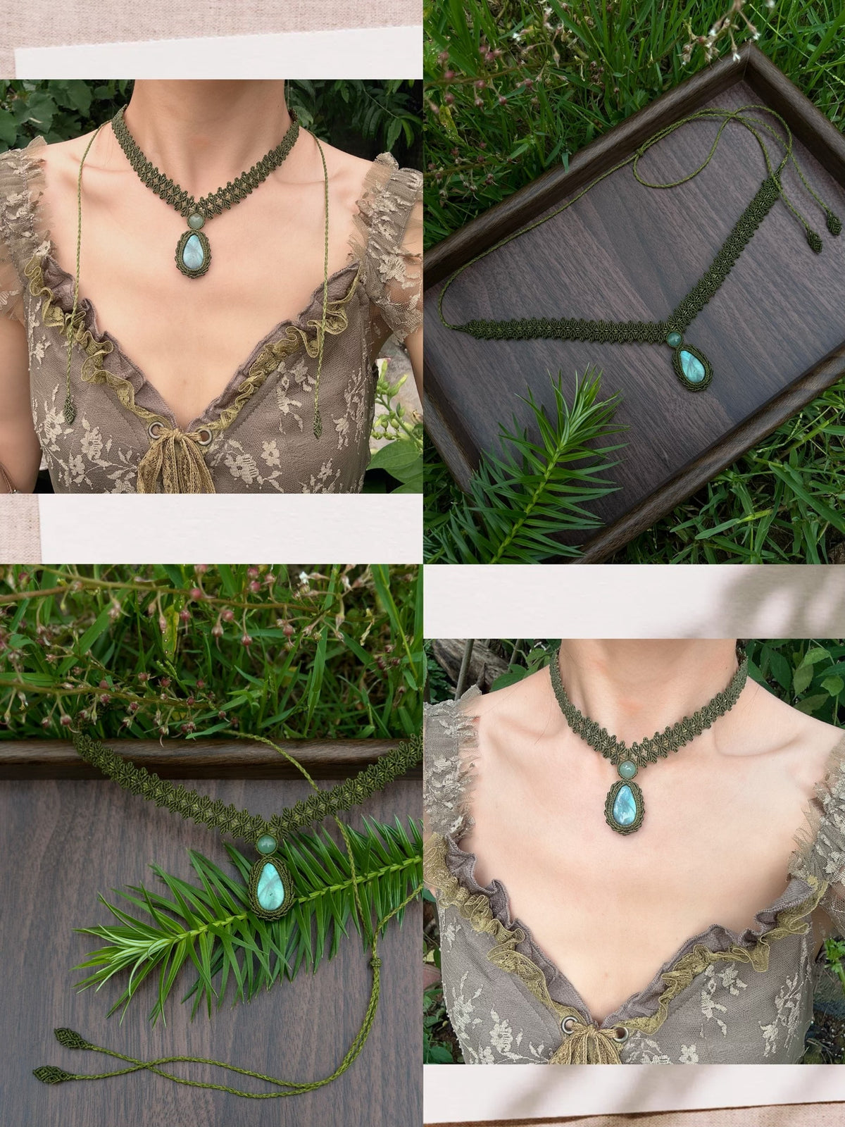 Handgakte Macrame Choker met Labradoriet Hanger