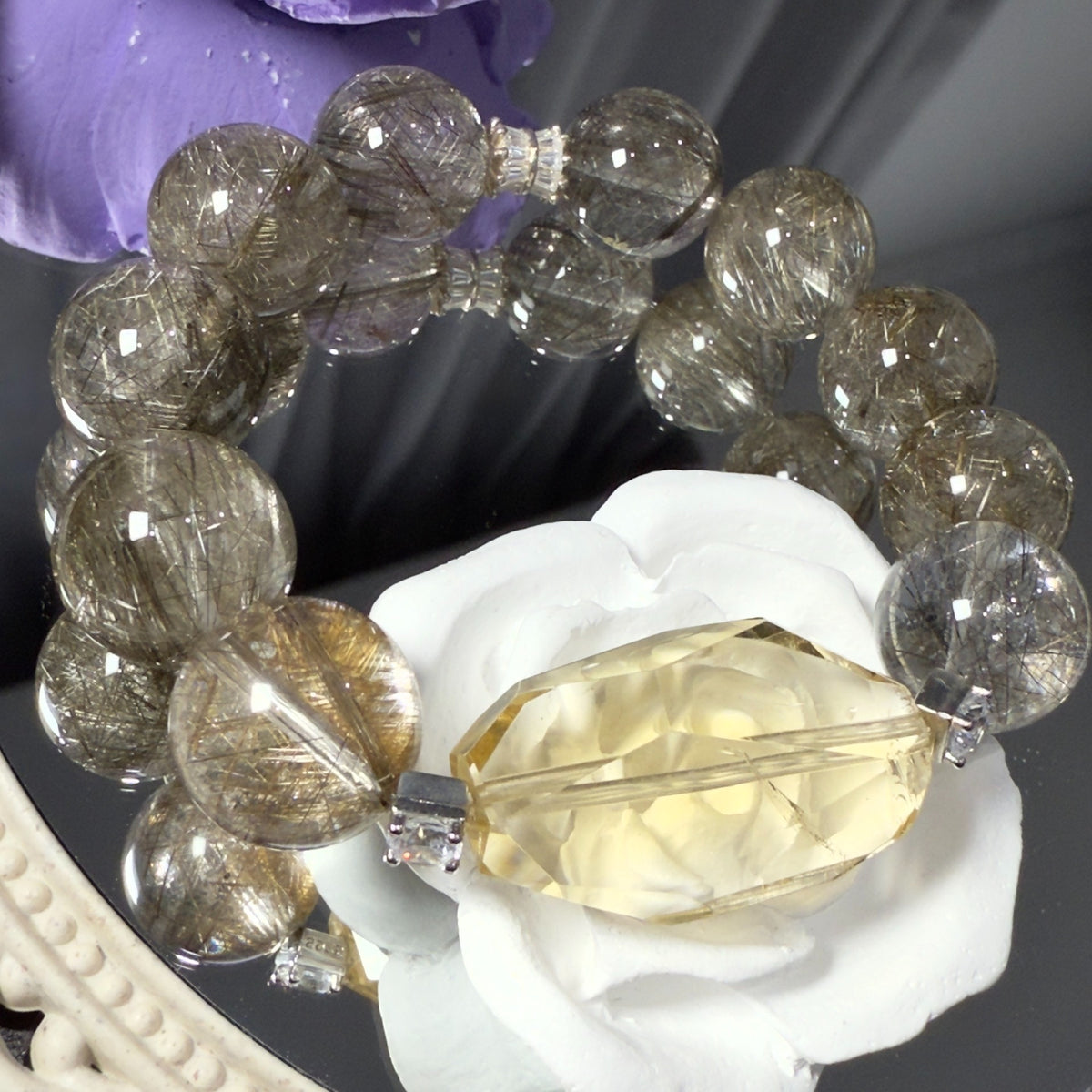 Pulseira de Quartzo Rutilado e Citrina em Prata de Lei 925
