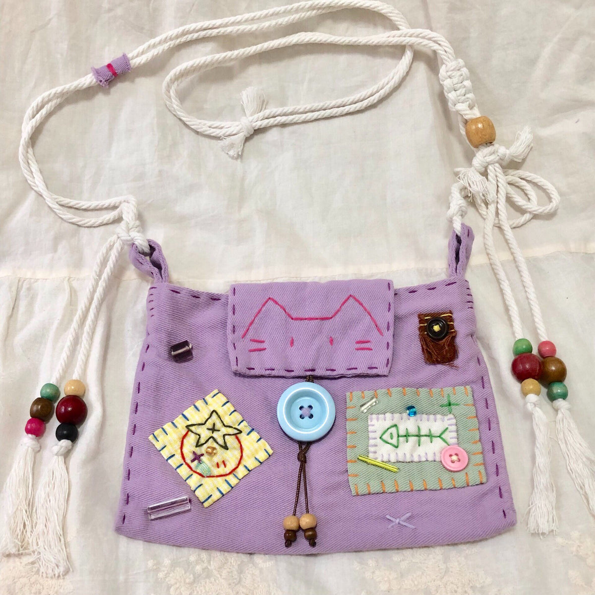 Handmade Cotton Crossbody Bag Cat Flap