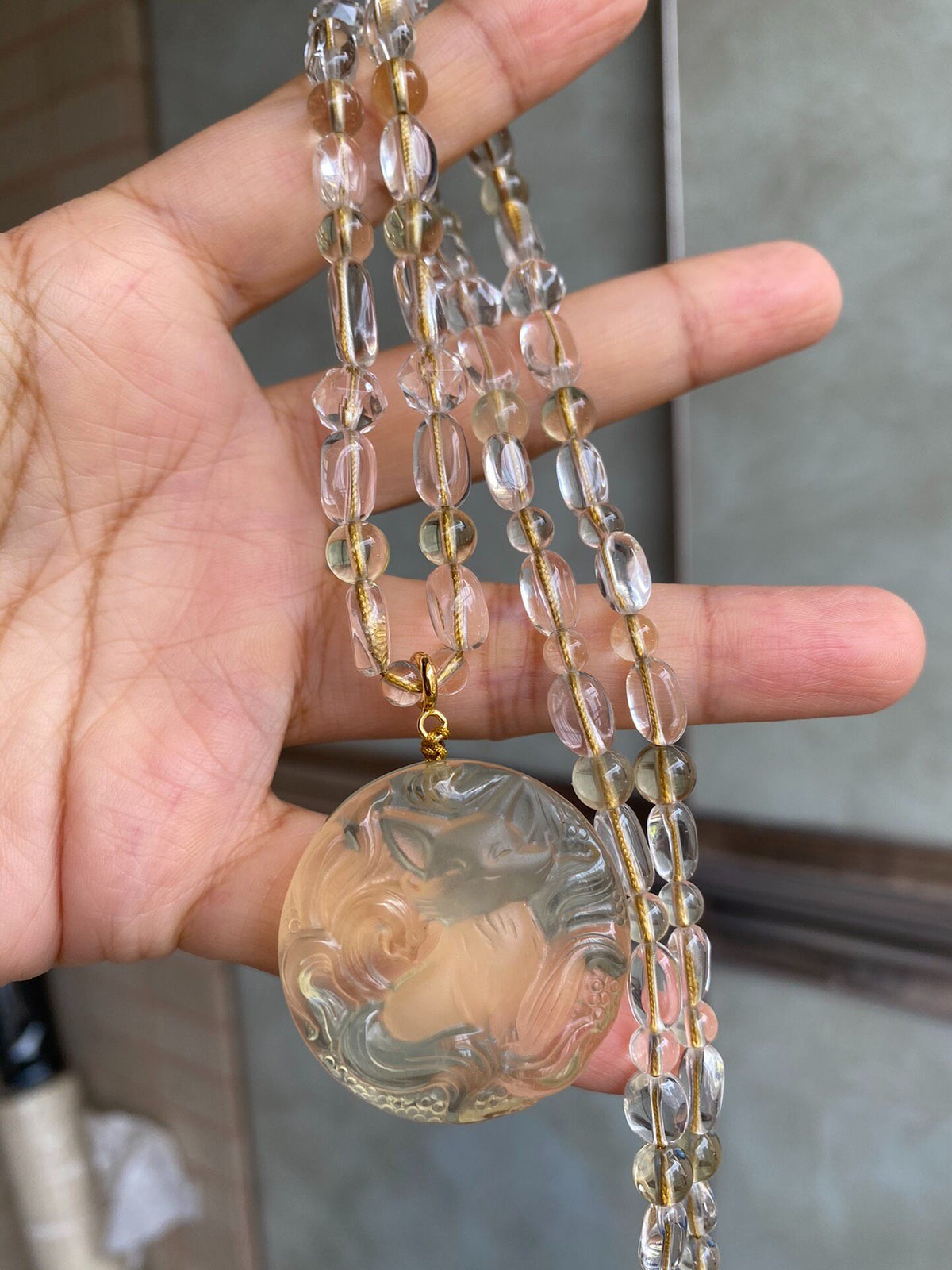 Lemon Yellow Crystal Fox Pendant Long Necklace