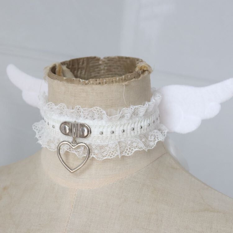 White Angel Wing Studded Lace Choker Necklace
