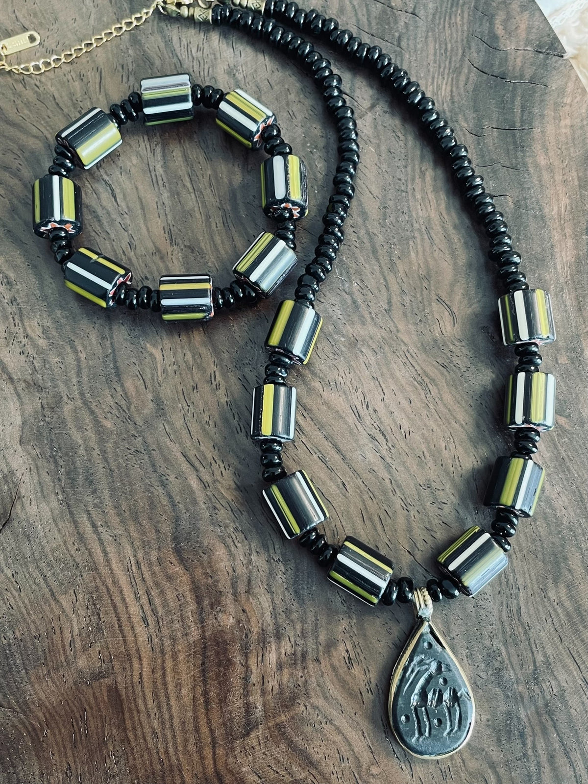 Vintage Glass Bead Necklace Bracelet Set Nepal Copper Pendant