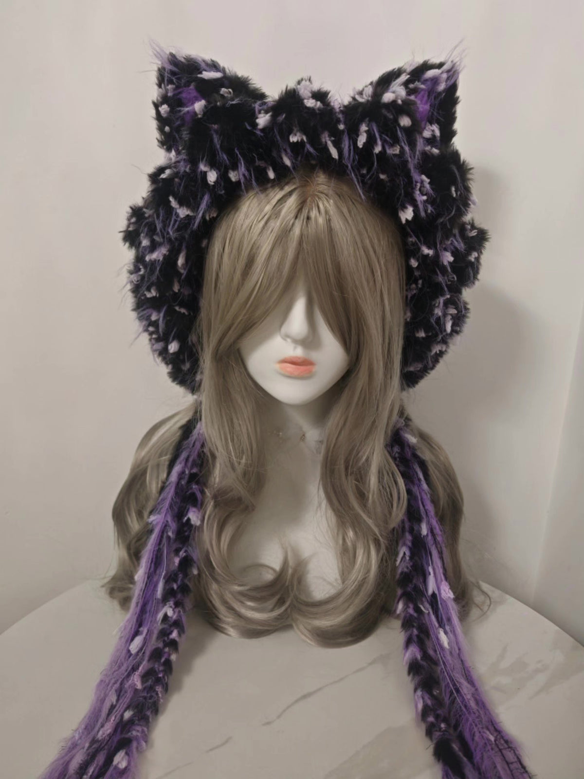 Black Purple Fox Hat with Upright Ears